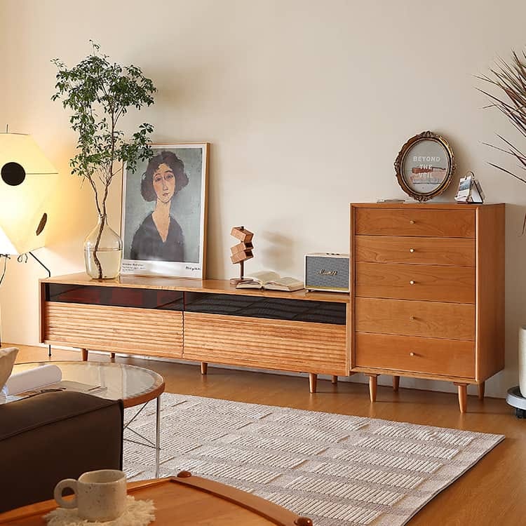 チェリー材&ケヤキ多層板ガラステレビ台 - 高級感溢れるデザイン Hersa-1630 - BestKagu