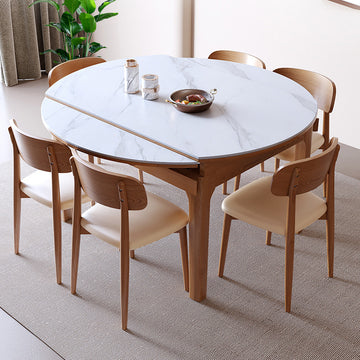 セラミック天板の艶ありタイプとアッシュ材のダイニングテーブル - 丸テーブル伸長式デザイン fmbs-007