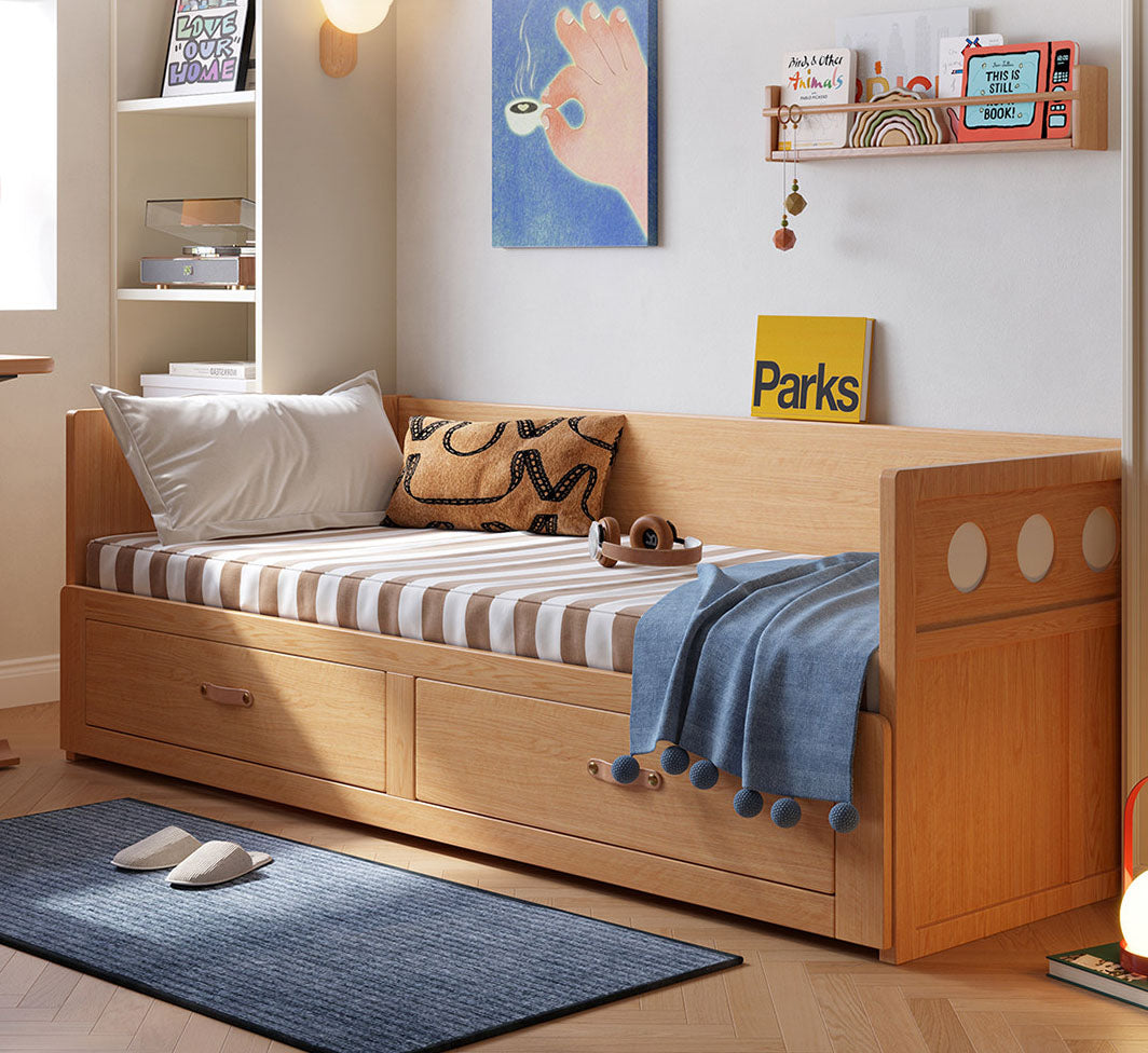 収納付きベッドソファー伸縮式省スペース家具子供寝室天然木材フレーム