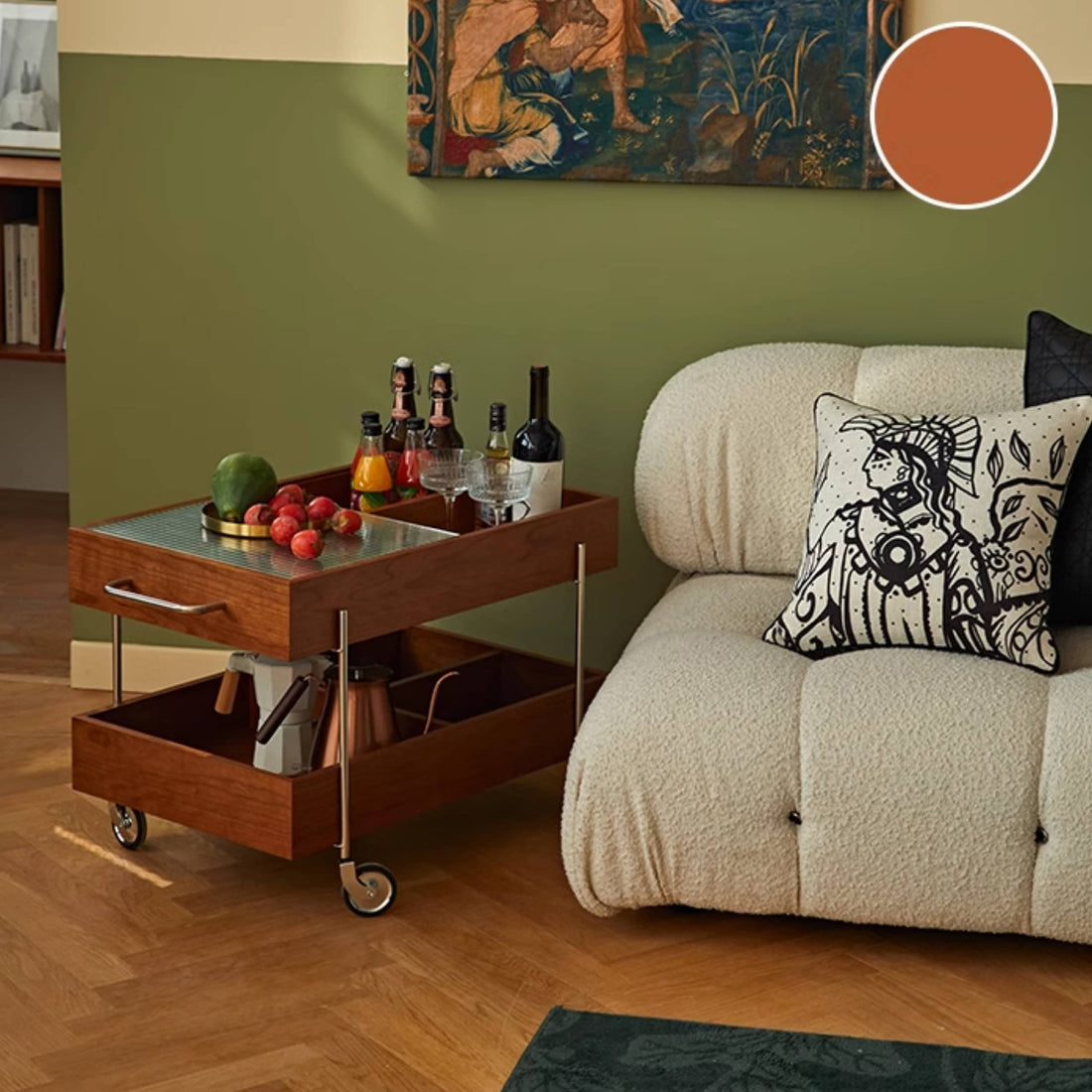 2段ワゴン  ガラス&木製天板 ステンレス製脚 キャスター付きキッチン収納 fmy-1142