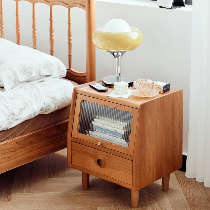 ナイトテーブル チェリー材 多層板 強化ガラスhldmz-736