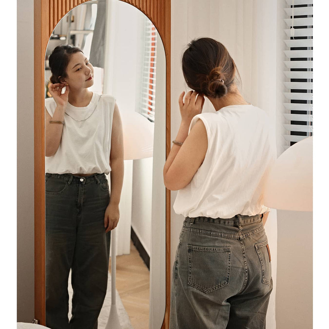 全身鏡・チェリー材とステンレス製の高級ミラー・ラック hldmz-738