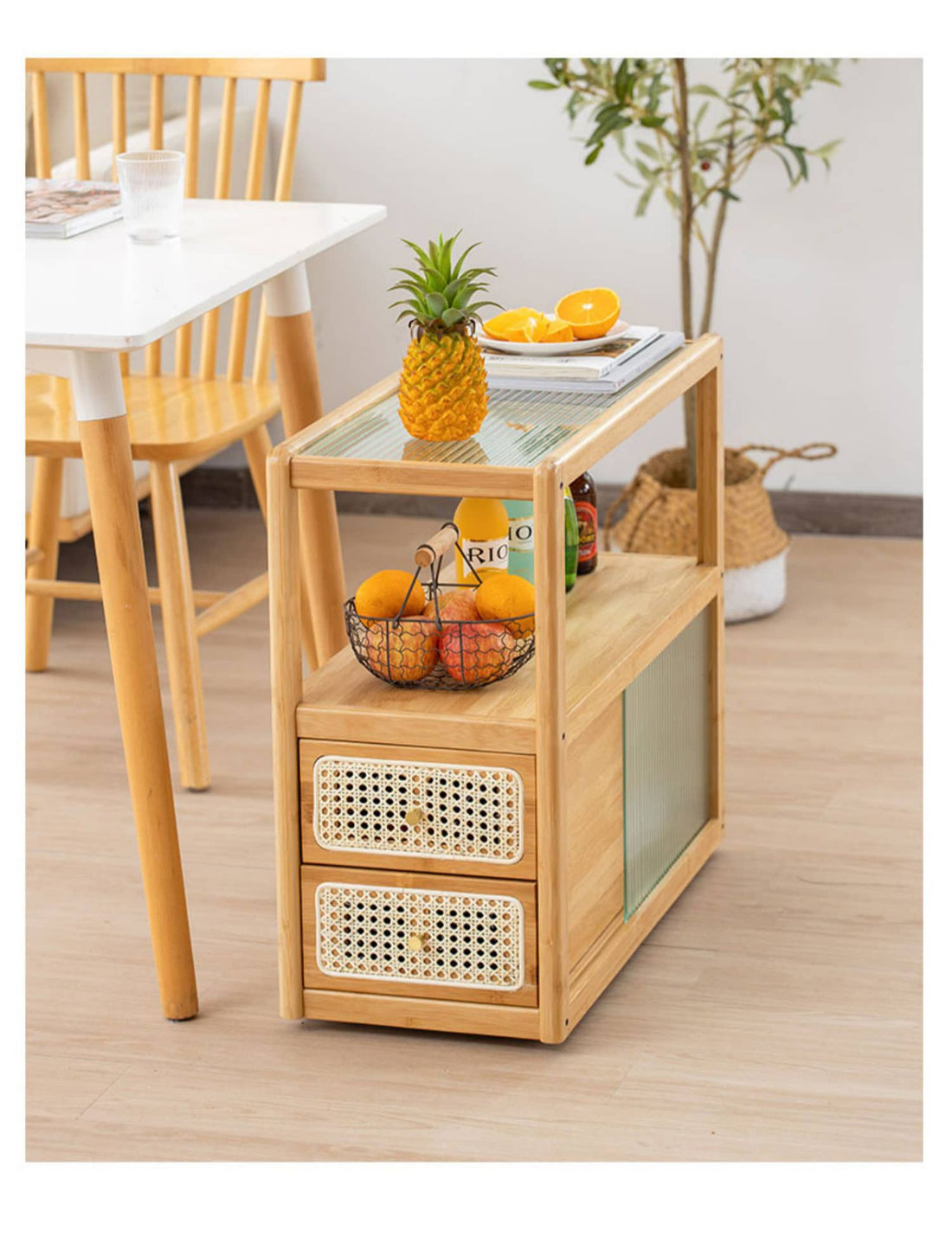 サイドテーブル ナイトテーブル コンパクト 引き出し収納 キャスター付き おしゃれ 竹×樹脂×ガラス製 hsl-82 - BestKagu