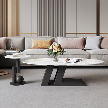 楕円のリビングテーブル Coffee table ホワイト ブラック 大理石柄のセラミック天板 アイアン脚フレーム htt-3852