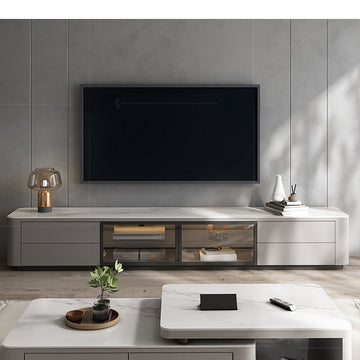 シンプルでスタイリッシュなセラミック＆無垢材製テレビ台 - ガラス扉付きモダンデザイン fjys-3003