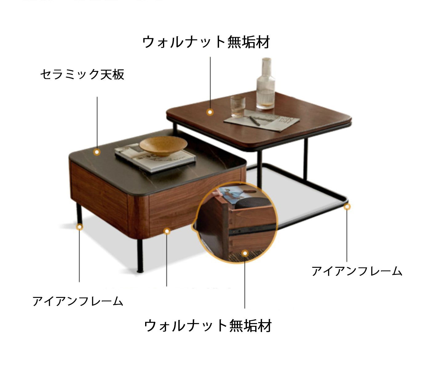 ローテーブル センターテーブル ウォルナット無垢材 セラミック天板 K00J09NEW - BestKagu