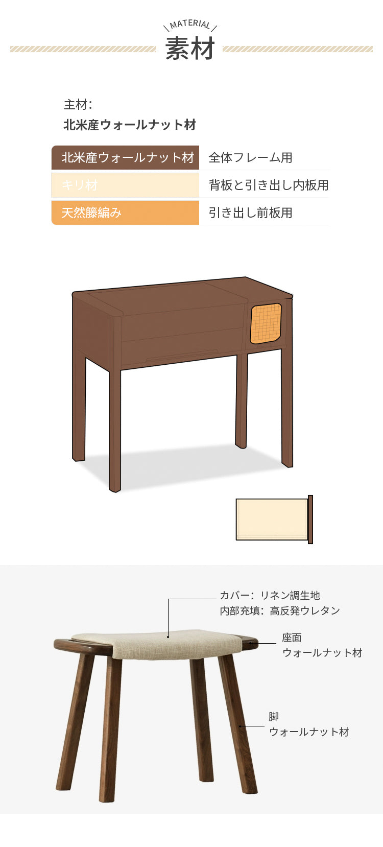 ドレッサー 化粧台 鏡付き 天然木 ブラウン y-b5056 - BestKagu