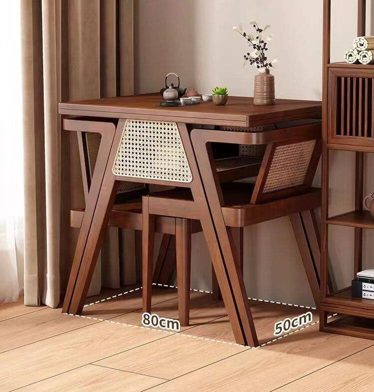 木製テーブル・デスク。省スペースコンパクト　椅子重ねて収納可能　ダイニングセット　ラタン調G3-7231