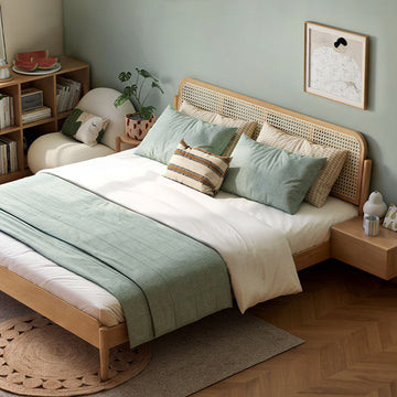 ベッドフレーム 北欧デザイン　ハンドメードラタン素材＆オーク無垢のフレーム　Y49B01