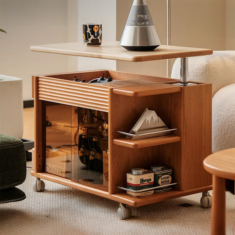 オーダーメイド 革張り ローテーブル（キャスター付き） ワゴンキャスター付きカート 昇降式サイドテーブル hqx-6115