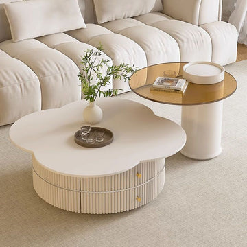 ローテーブル　Coffee table 天板回転可能　ホワイトセラミック 強化ガラス htt-3847