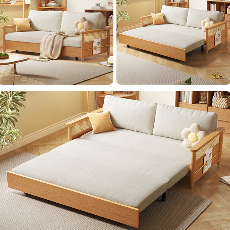 ソファベッド2WAY木製多機能家具　キャスター付き伸縮式　引っばるだけで便利　ラタン調アームでおしゃれhemw-6300