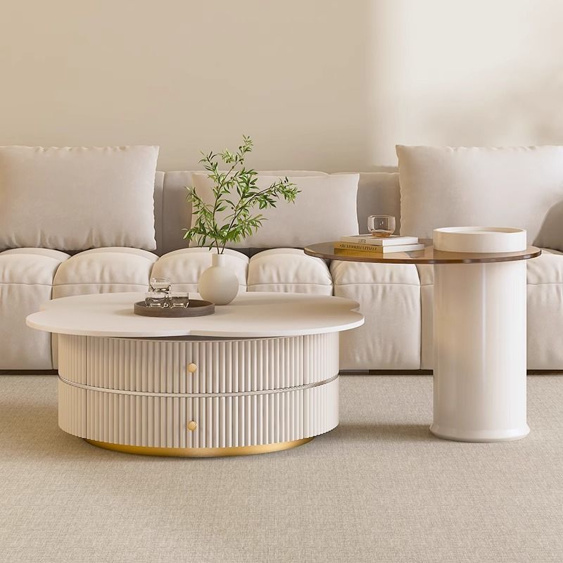 ローテーブル　Coffee table 天板回転可能　ホワイトセラミック 強化ガラス htt-3847