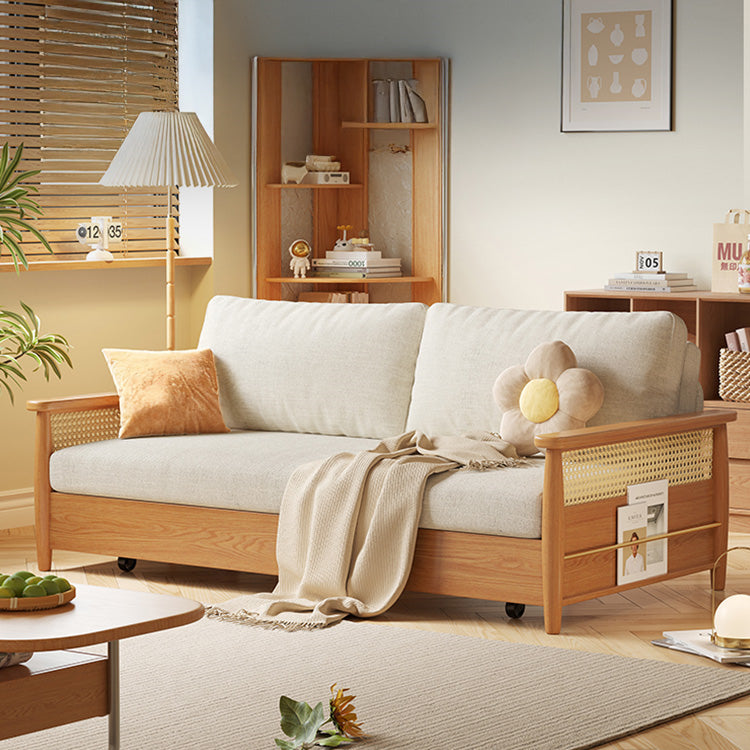 ソファベッド2WAY木製多機能家具　キャスター付き伸縮式　引っばるだけで便利　ラタン調アームでおしゃれhemw-6300