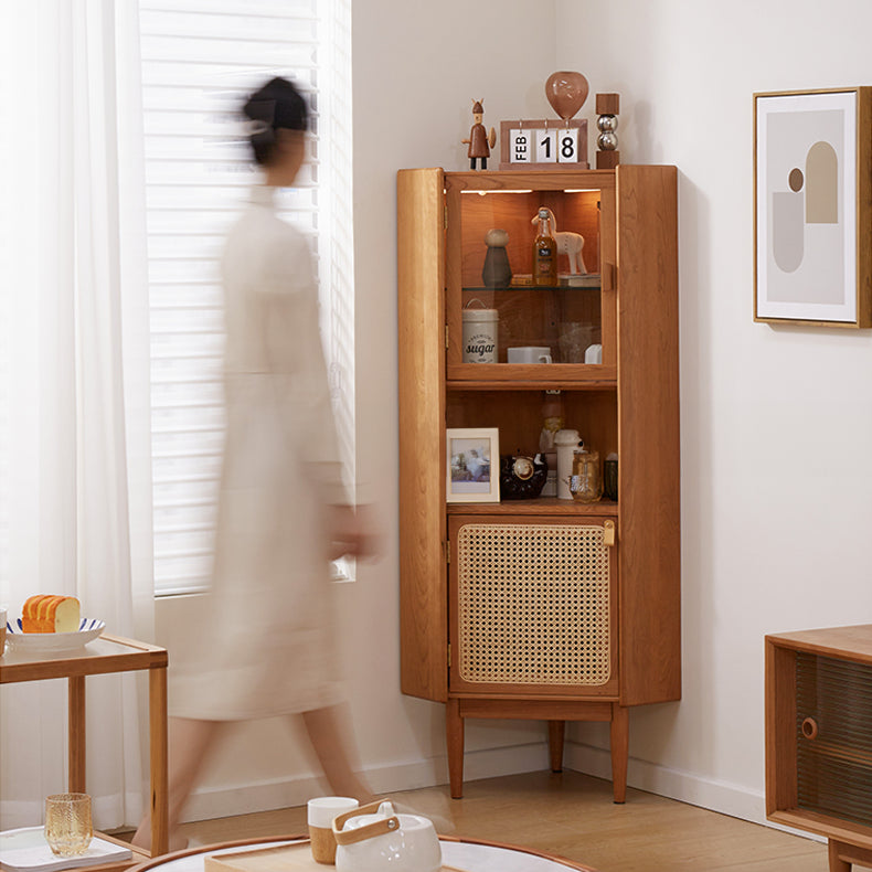 隙間収納　壁寄せ収納チェリー材とラタンを使用したキャビネット｜LED無しタイプ｜スタイリッシュリビング収納家具 fcp-1306