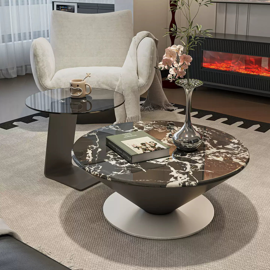 リビングローテーブル　天然大理石モダンおしゃれ　円形コーヒーテーブル　fel-6426