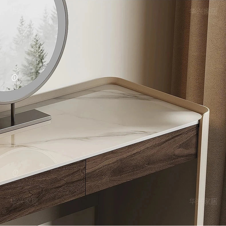 洗練されたデザインの化粧台 - 多層板・セラミック・合成皮革製のモダンスタイル 収納付きコンソールテーブル fhx-4575