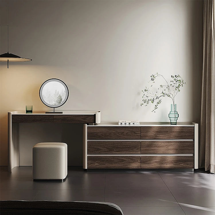 モダンデザインの多層板セラミック化粧台 - スタイリッシュ・合成皮革スツール付き収納家具 fhx-4577