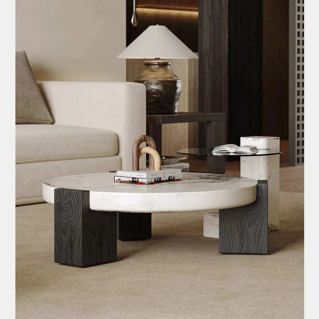 ラグジュアリーデザインの大理石センターテーブル｜強化ガラスと木製スタンドのコンビネーションで洗練されたインテリアを演出 fjd-4680
