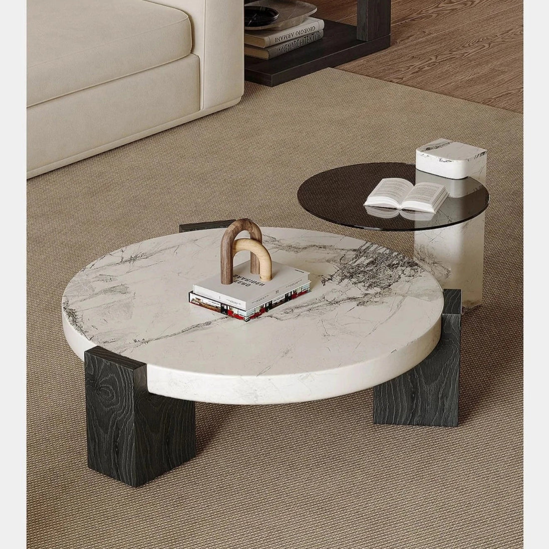 ラグジュアリーデザインの大理石センターテーブル｜強化ガラスと木製スタンドのコンビネーションで洗練されたインテリアを演出 fjd-4680