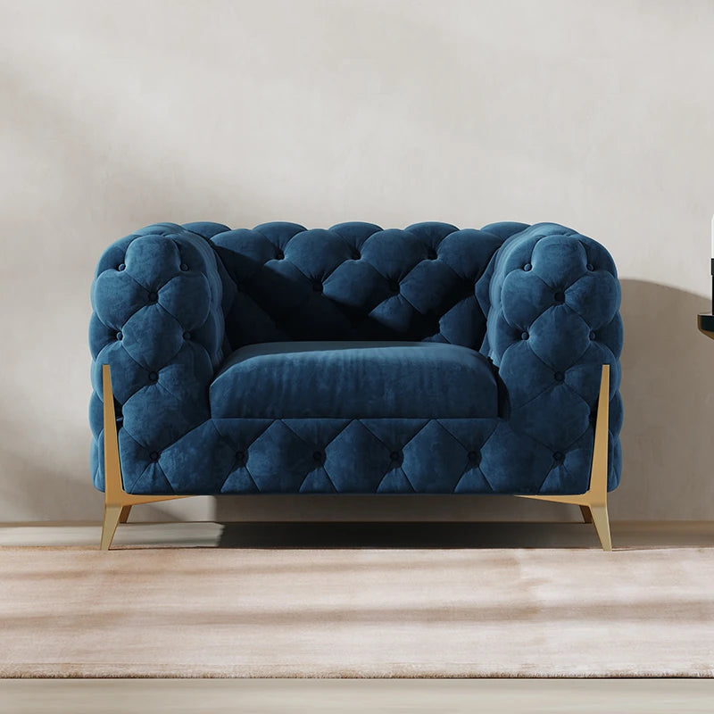 おしゃれなパインステンレス製ソファー｜ラグジュアリーな深い青色・リビングルームに最適なデザイン fmfd-5060