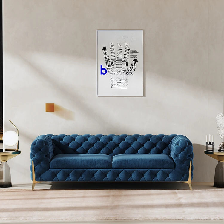 おしゃれなパインステンレス製ソファー｜ラグジュアリーな深い青色・リビングルームに最適なデザイン fmfd-5060