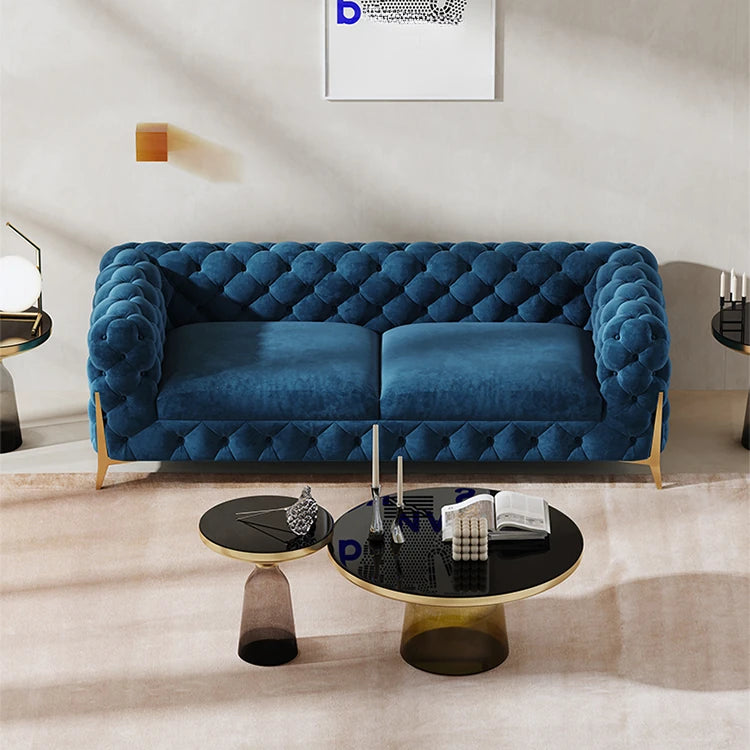 おしゃれなパインステンレス製ソファー｜ラグジュアリーな深い青色・リビングルームに最適なデザイン fmfd-5060