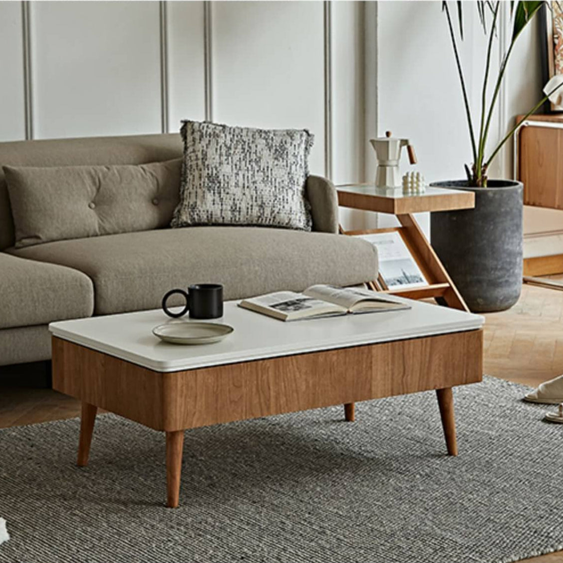 多機能リビングテーブル 昇降式たたみ収納 無垢材使用センターテーブル