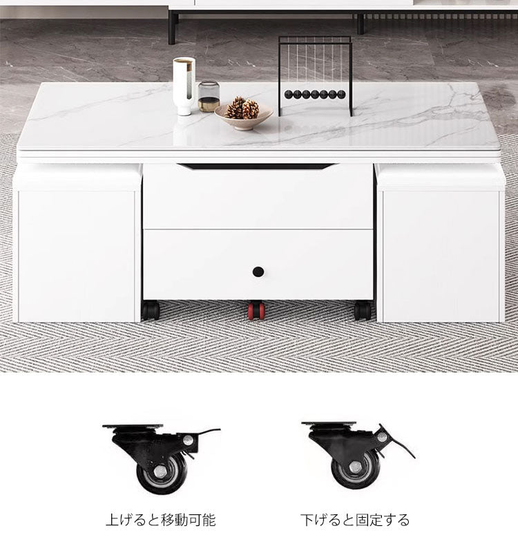 在庫品】3way多機能リビングテーブル大理石調ガラス天板gy-n-23