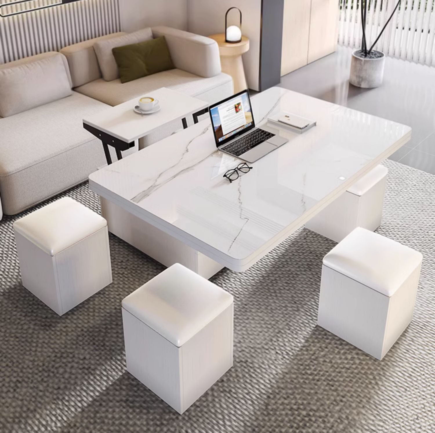 在庫品】3way多機能リビングテーブル大理石調ガラス天板gy-n-23