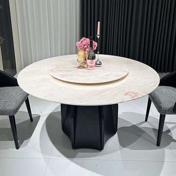 薄いピックのラグジュアリー天然大理石テーブル | 無垢材脚付き円形丸テーブル |hbso-9002