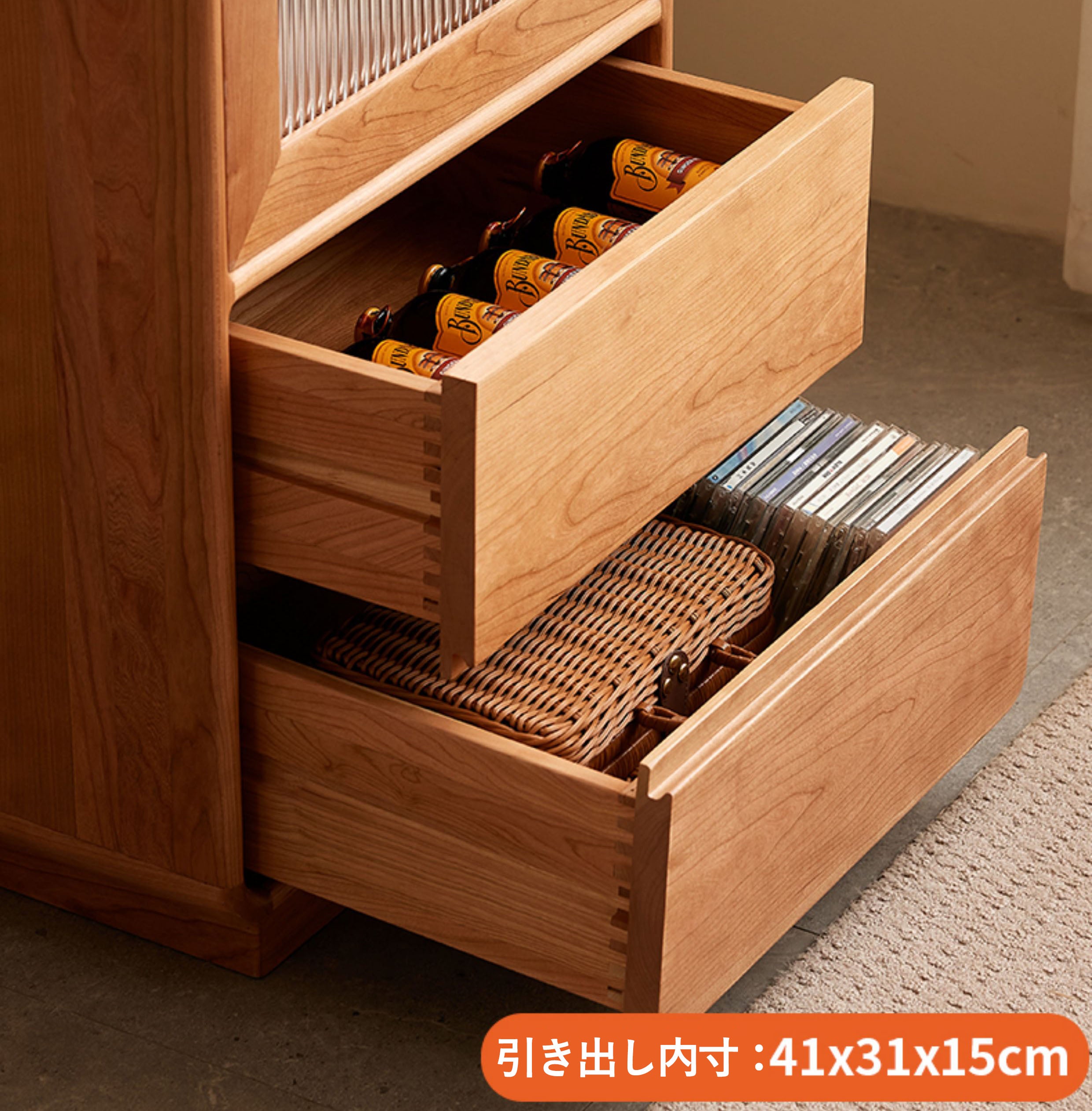 チェリー無垢材 収納ボード リビングキッチンシェルフ棚キャビネット