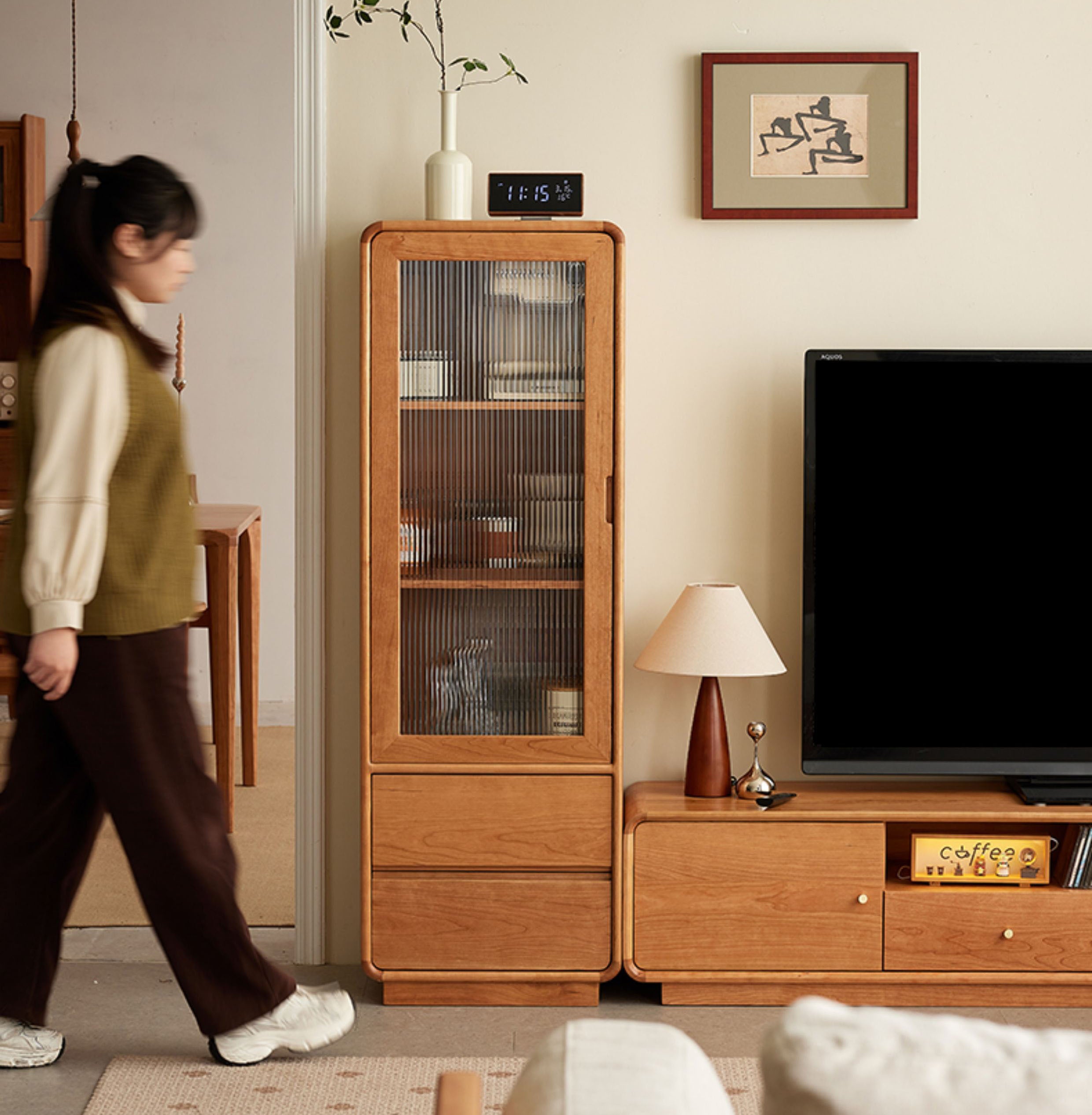 チェリー無垢材 収納ボード リビングキッチンシェルフ棚キャビネット