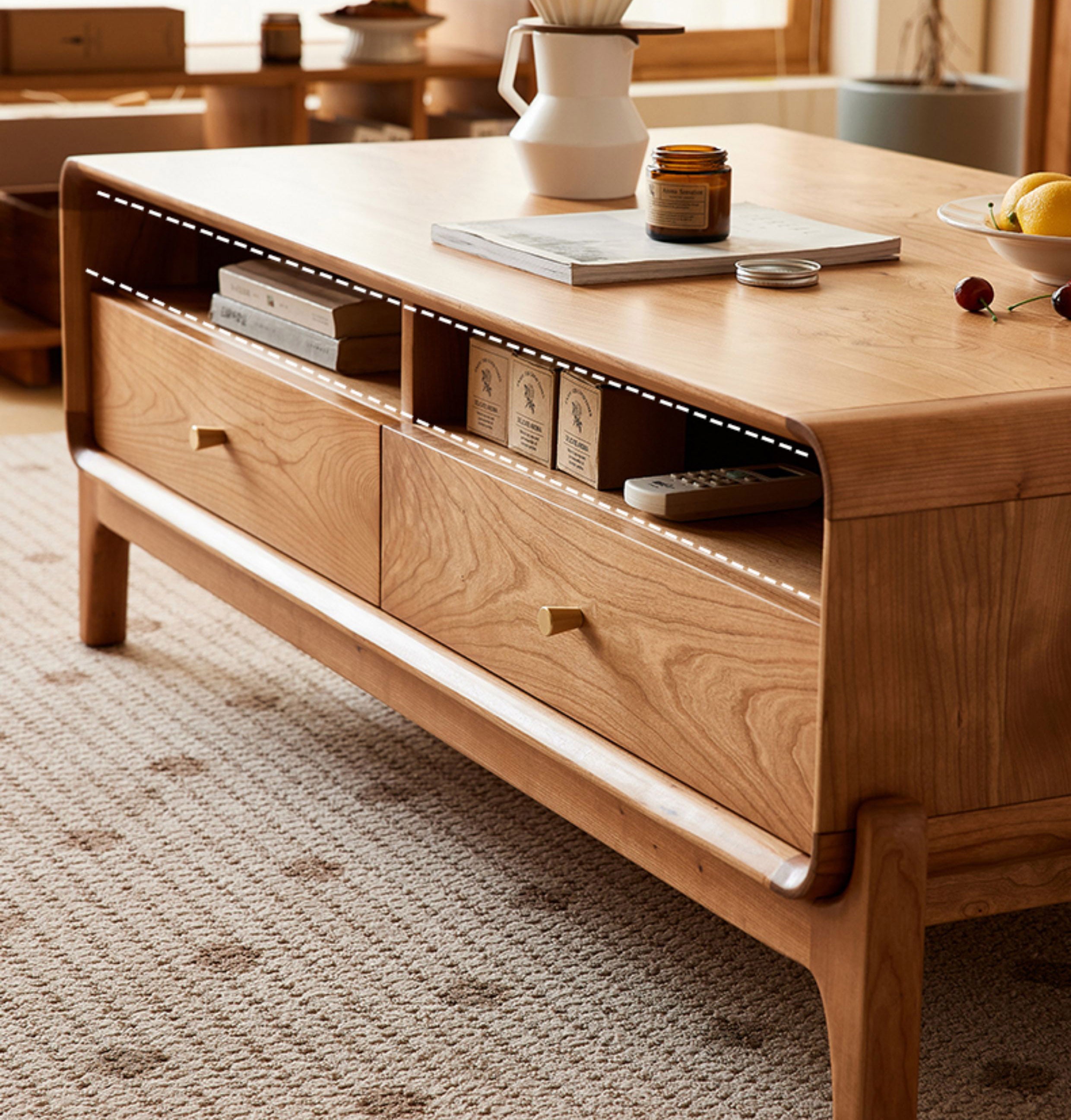 リビング ローテーブル コーヒーテーブル 収納ボード引き出し付き 抜群