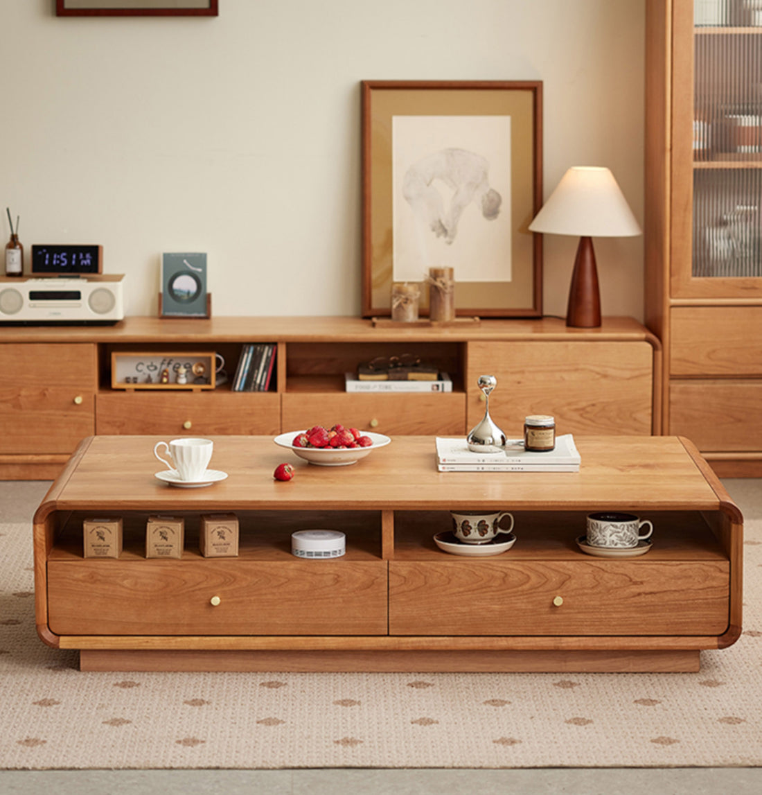 ソファーテーブル　天然木材を使用したローテーブル収納付きのコーヒーテーブル　チェリー材hcm-006