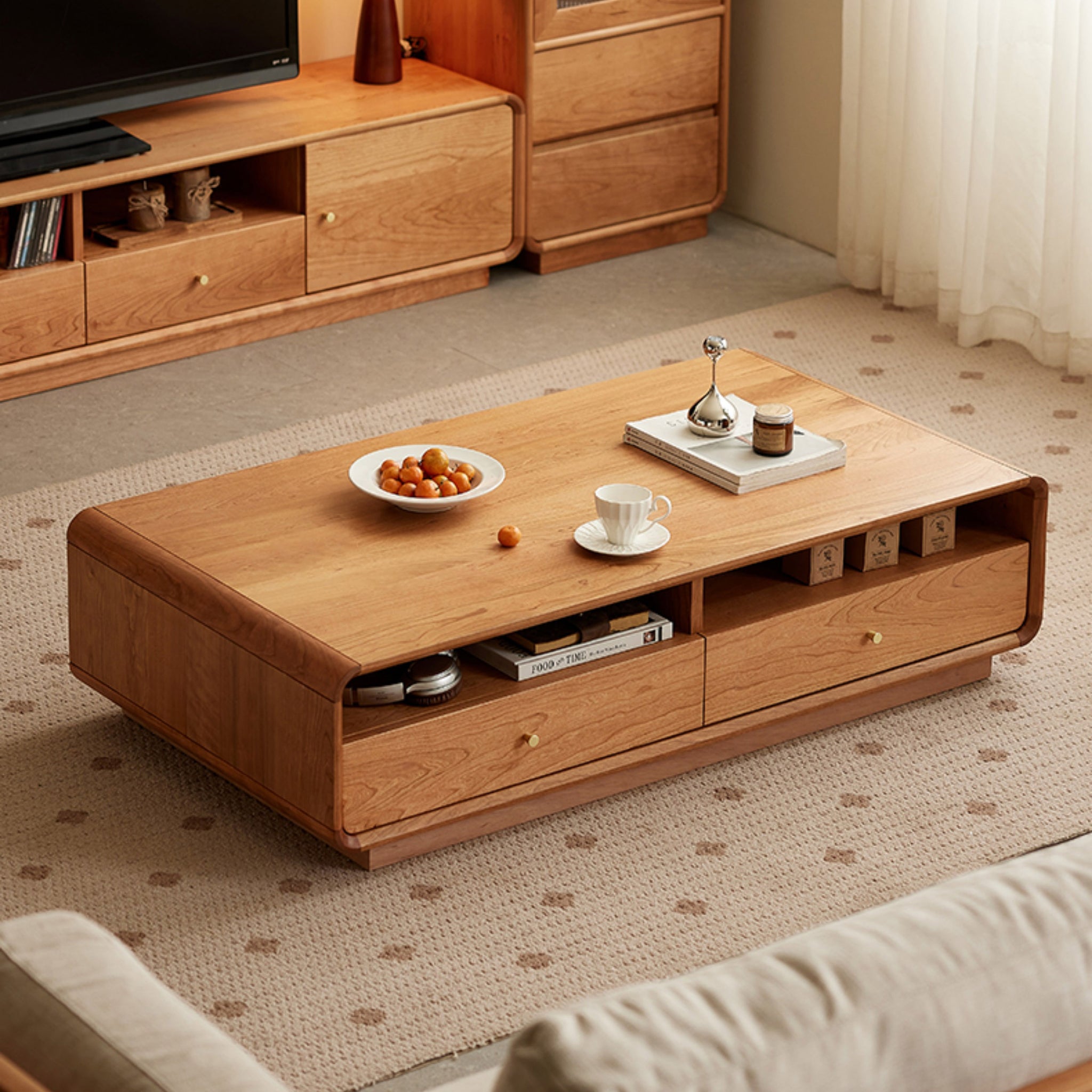 ソファーテーブル　天然木材を使用したローテーブル収納付きのコーヒーテーブル　チェリー材hcm-006