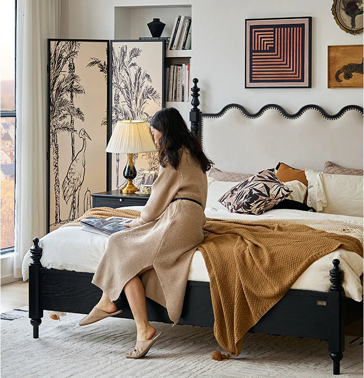 レッドオーク無垢材使用！エレガントなデザインの多層板ベッド - スエード仕上げで快適な睡眠空間を演出！ hsxz-2162