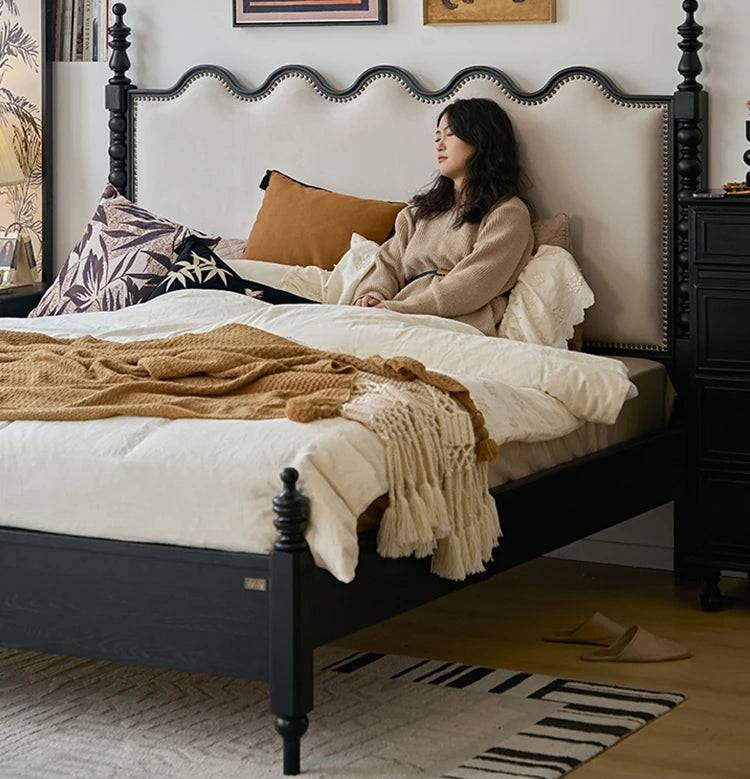 レッドオーク無垢材使用！エレガントなデザインの多層板ベッド - スエード仕上げで快適な睡眠空間を演出！ hsxz-2162