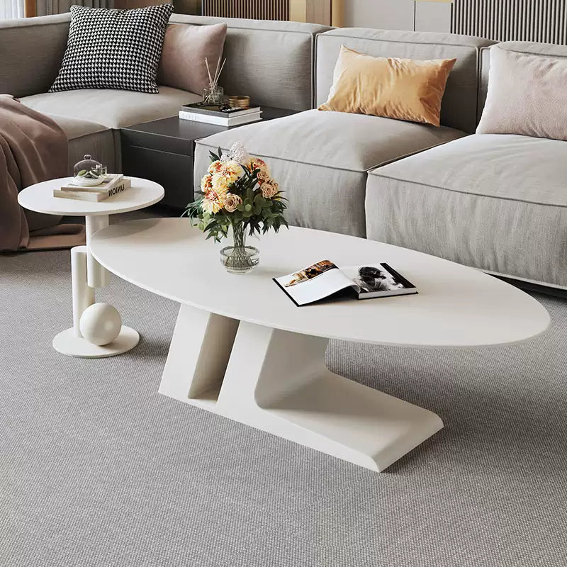 楕円のリビングテーブル　Coffee table ホワイト ブラック　大理石柄のセラミック天板　アイアン脚フレーム htt-3852