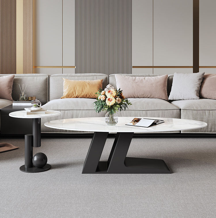 楕円のリビングテーブル　Coffee table ホワイト ブラック　大理石柄のセラミック天板　アイアン脚フレーム htt-3852