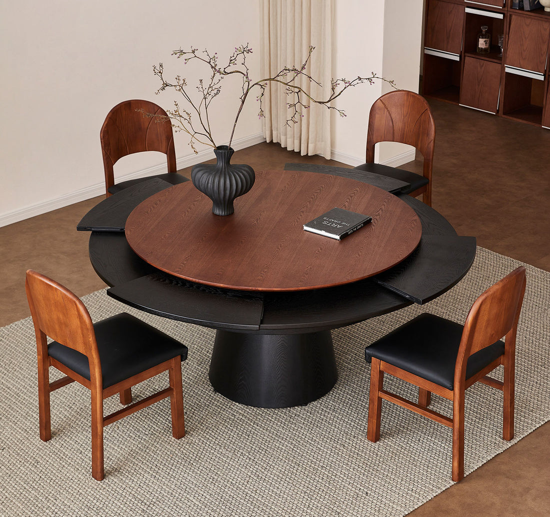 回転式・伸長式 円形ダイニングテーブル｜最大10人対応・アッシュ材使用丸テーブルhxj-0010