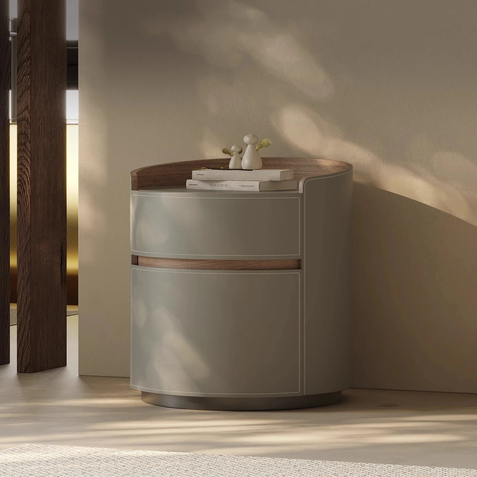 スタイリッシュな多層板ナイトテーブル - 合成皮革とパイン材デザイン、収納力抜群！ hxy-5167