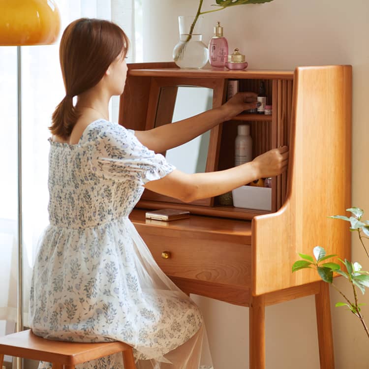 高級感】チェリー材 化粧台 多層板 銅 ガラス仕上げのドレッサー hykmq-752