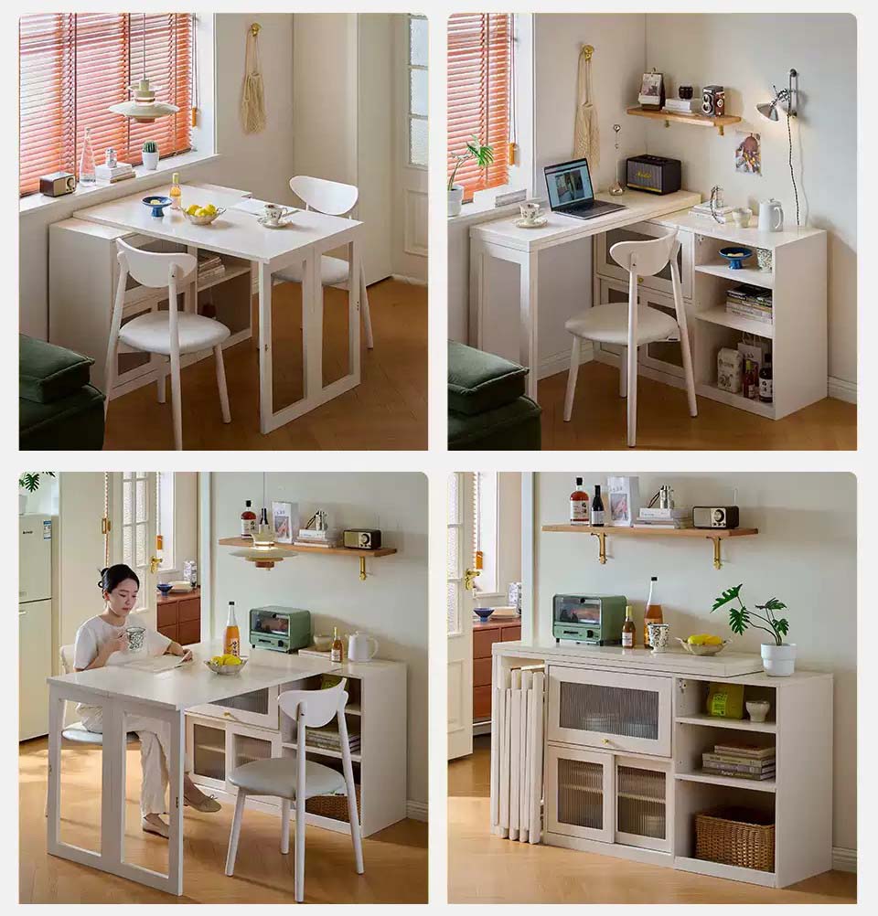 テーブル+収納キャビネット付き　折りたたみテーブル 伸長式テーブル【完成品】　hzzjj-6037