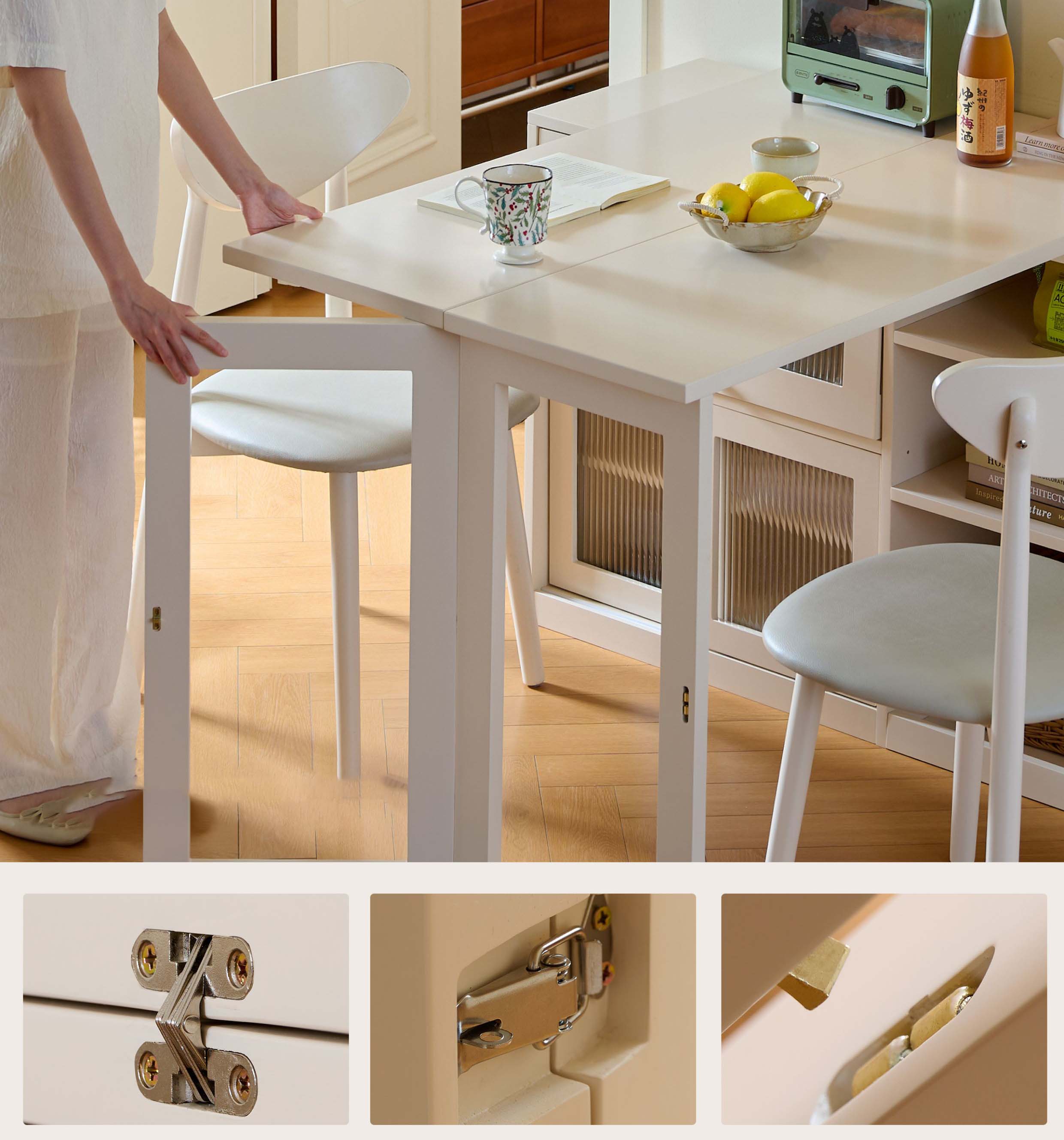 テーブル+収納キャビネット付き 折りたたみテーブル 伸長式テーブル