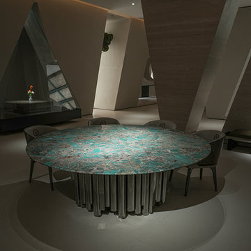 ダイニングテーブル 丸テーブル　高級希少ブルガリ模様天然大理石　ホテルライク海外輸入家具jrjj-6691