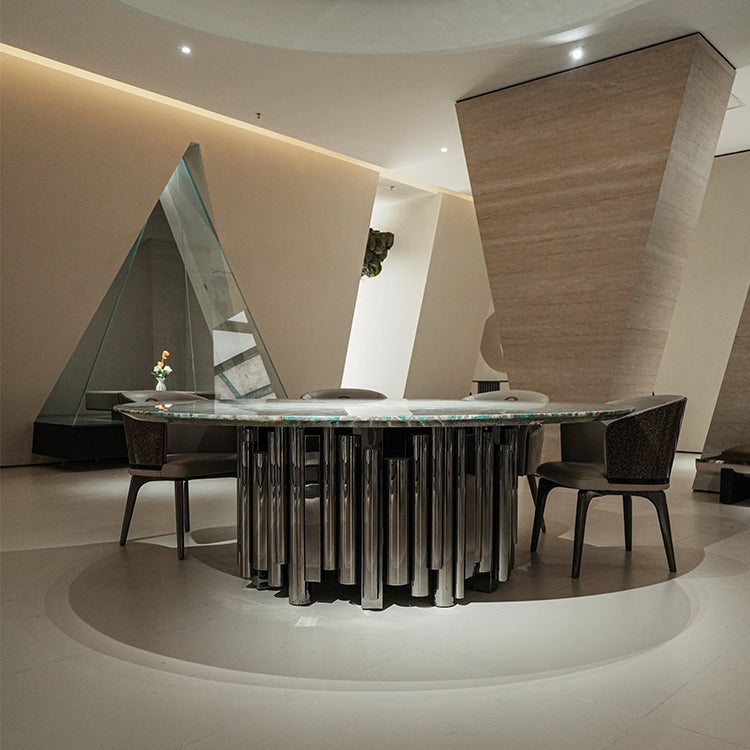 ダイニングテーブル 丸テーブル　高級希少ブルガリ模様天然大理石　ホテルライク海外輸入家具jrjj-6691