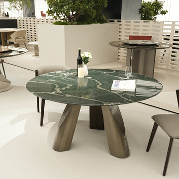 ダイニング丸テーブル　天然大理石天板　ステンレス脚フレーム　高級輸入家具jrjj-6772